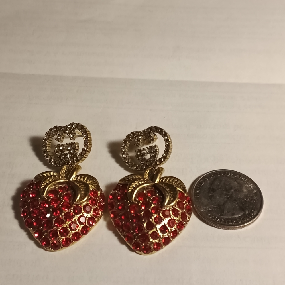 Gold and Red Strawberry Earrings - Picture 4 of 7